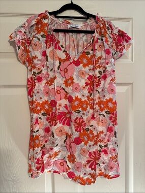 Lemon Love Floral Pink & Orange V-Neck Tie Blouse